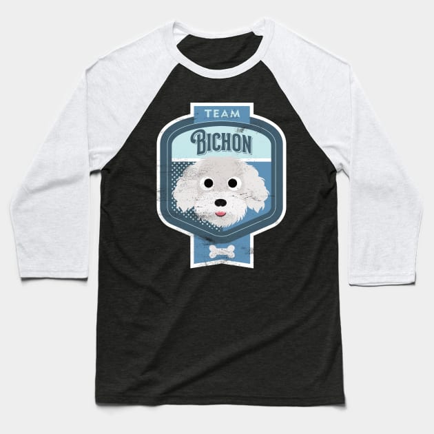 Team Bichon - Distressed Bichon Beer Label Design Baseball T-Shirt by DoggyStyles